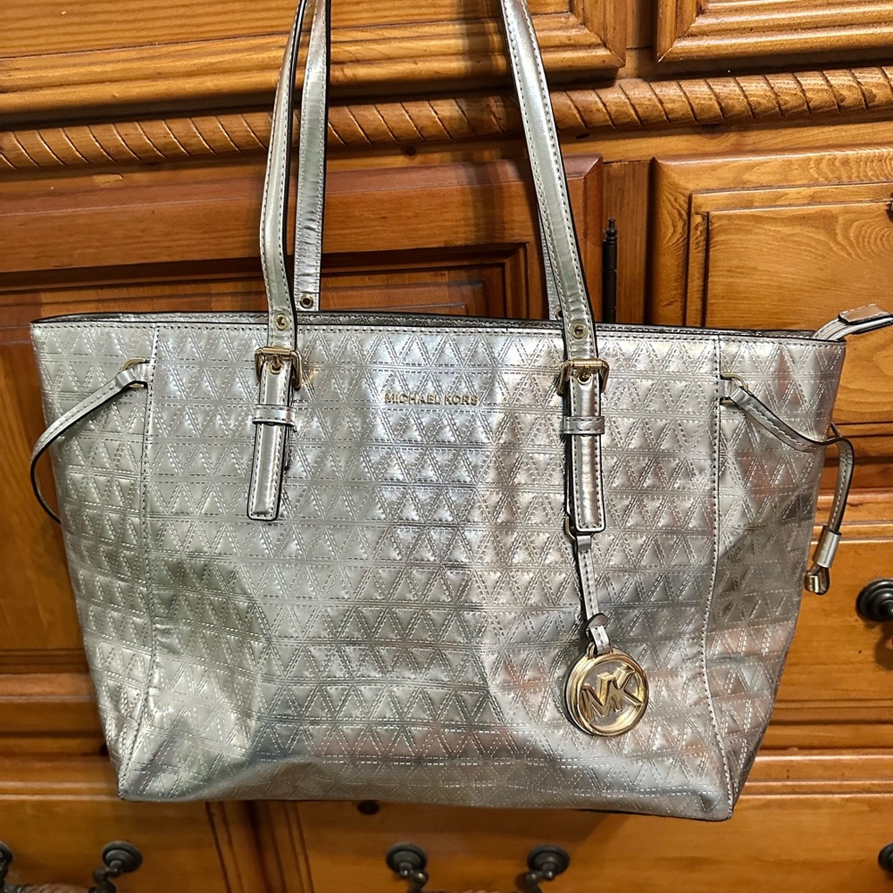 Michael Kors Silver Metallic Tote Bag with Signature MK Design